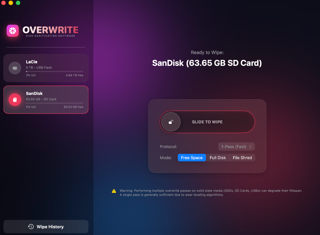 OverWrite Interface - Wipe Selection